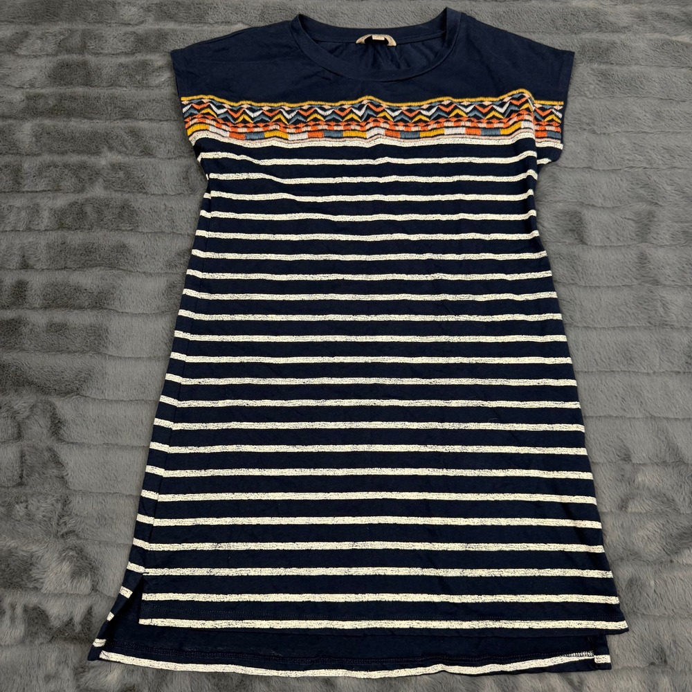 Lucky Brand Womens Navy Blue Striped Embroidered T-Shirt Dress Size M 42F31011